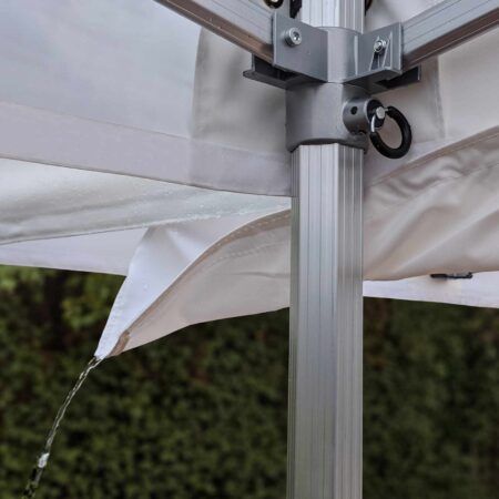 Altegra Marquee joining gutter in white attached to white event marquees - an essential accessory to weather-proof connected marquees and gazebos.