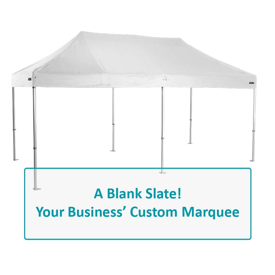 A blank slate! Custom printed marquees by Altegra image - a white 3x6m marquee ready for printing.