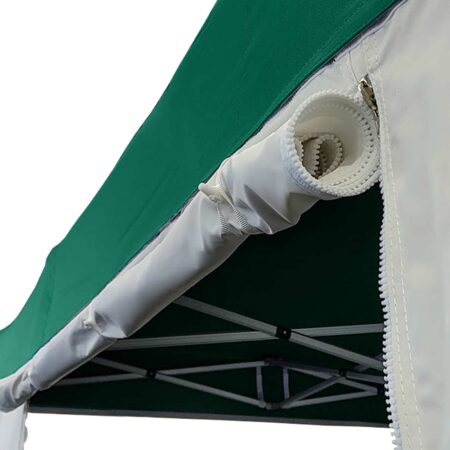Image of Altegra marquee wall with door rolled up and stowed with loops and toggles - green marquee canopy with white door wall.
