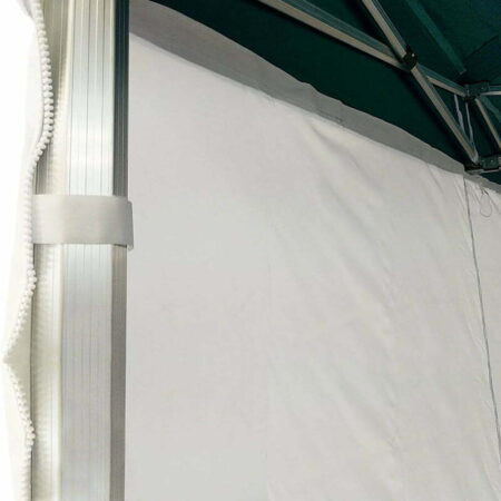 Altegra marquee wall connection image - attached to marquee legs with velcro loops, marquee canopy by 30mm velcro strip, and wall to wall with lateral zips as part of our modular marquee wall system.