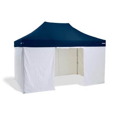 Altegra 3x4.5m full gazebo wall kit - our 3x4.5m sides attached to the Heavy Duty 3x4.5m gazebo with navy blue canopy.