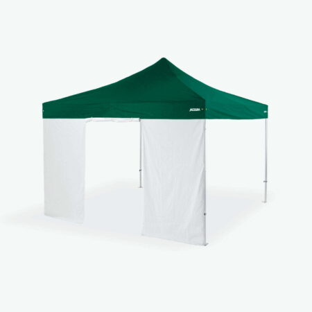 Altegra 4m door wall in white attached to our heavy duty 4x4m marquee with green canopy - a UPF50+ and waterproof addition to your 4x4m marquee for sides that help create a protected internal haven.
