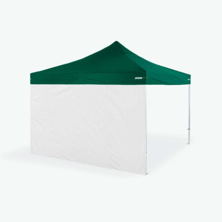 Altegra solid 4m marquee wall in white attached to our 4x4m marquee with green canopy - a sun protective, 100% waterproof 4m marquee wall panel that's attached in seconds.