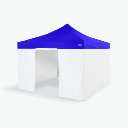 Altegra 4x4m marquee wall kit in white attached to our heavy duty 4x4m marquee with royal blue canopy - a 4x4m marquee with sides, the complete kit of 4 walls to enclose and protect your marquee space.