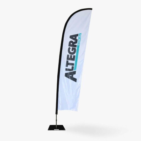 Large Altegra custom printed feather flag with weighted base - standing at over 4m tall our large feather flag is a super-sized complement to your promotional display.
