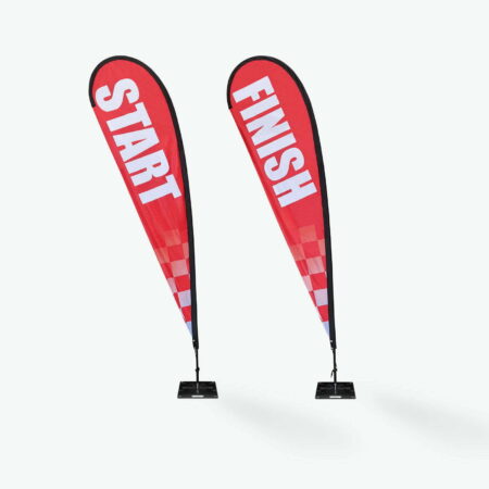 Start line and Finish line teardrop banners with weighted flag base - dye-sublimation printed weatherproof banners add visible clarity and energy at all events.