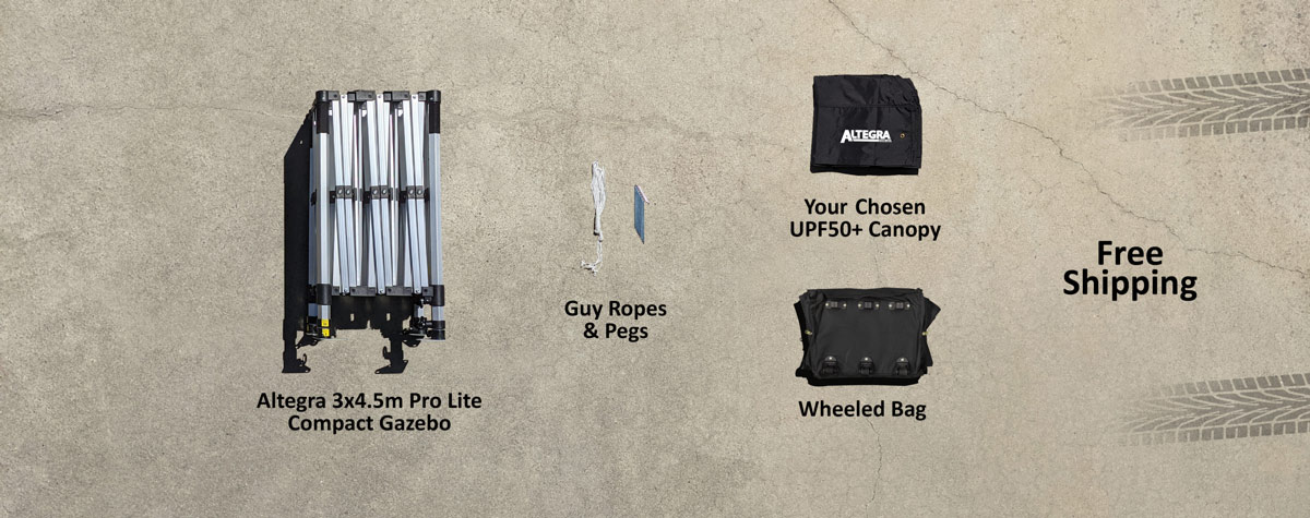 Altegra Pro Lite Compact 3x4.5m gazebo purchase inclusions image - Australia's most compact 3x4.5m aluminium gazebo, complete with UPF50+, 100% waterproof canopy, rolling zipper bag, guy ropes & pegs.