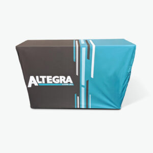 Custom tablecloth with striking branding printed in teal and grey, fitted to your table size. Pictured is the small, 1.5m fitted tablecloth with Altegra branding perfectly complementing our small folding table.