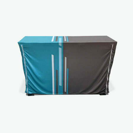 Custom fitted tablecloth rear view, tailored to present as a clean, professional display. Lateral zips provide access to underside storage and close up to keep your clean, professional appearance.
