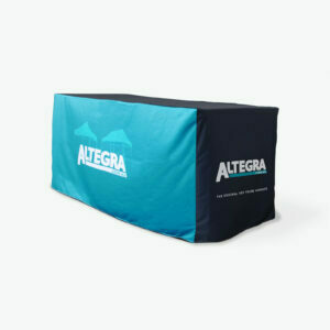 Altegra custom tablecloth tailored to fit standard 6" trestle tables - transform a standard folding table into a professional display with your vibrant custom printed tablecloth.