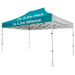 Altegra Compact aluminium 3x4.5m gazebo with custom printed canopy - image showing 1x 4.5m Valance and 1x 4.5m pitch print option.