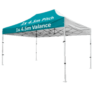 Altegra Compact aluminium 3x4.5m gazebo with custom printed canopy - image showing 1x 4.5m Valance and 1x 4.5m pitch print option.