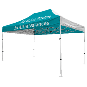 Altegra Compact aluminium 3x4.5m gazebo with custom printed canopy - image showing 2x 4.5m Valance and 2x 4.5m pitch print option.