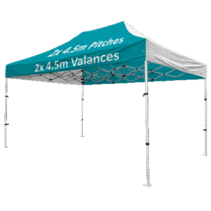 Altegra Compact aluminium 3x4.5m gazebo with custom printed canopy - image showing 2x 4.5m Valance and 2x 4.5m pitch print option.