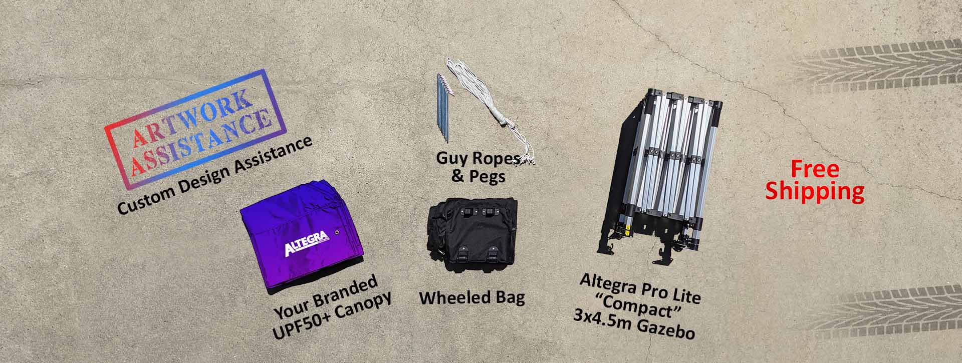 Custom printed Altegra Compact 3x4.5m aluminium gazebo purchase inclusions image - top down to the included gazebo frame, custom printed marquee canopy, guy ropes and pegs, and wheeled bag. Artwork assistance and shipping are also included FREE with online orders.