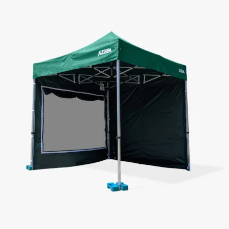 Altegra 2.4m small gazebo with sides - window wall and solid wall attached in green to the green 2.4m canopy.