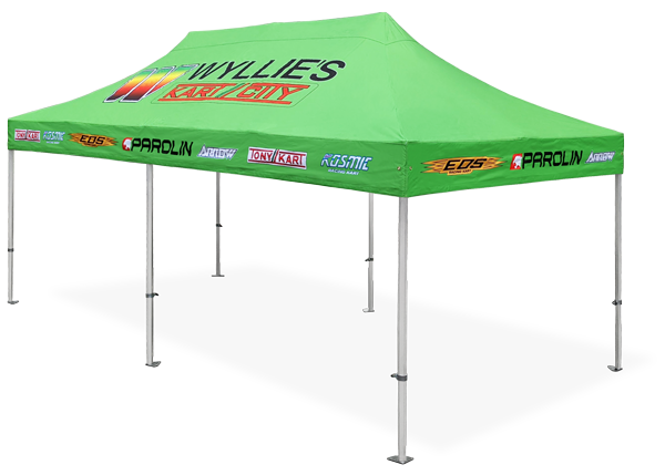 Altegra custom printed marquee in bright, light green with printed branding, clean colours and logos making a bright personalised tent to show off wares or protect from the weather.