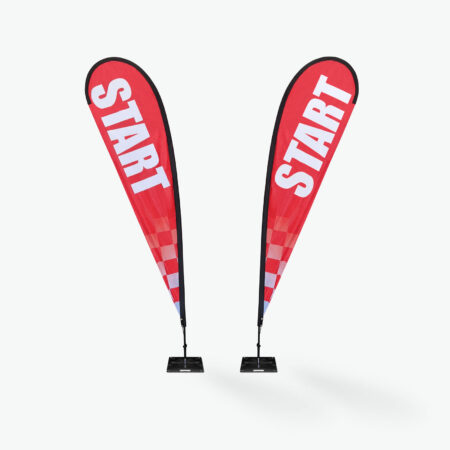 Double-side sublimation printed start and finish feather flag set, avoids a mirrored printing of the banner text - the front and back side of the red start banner are shown set up on the heavy flat flag base.