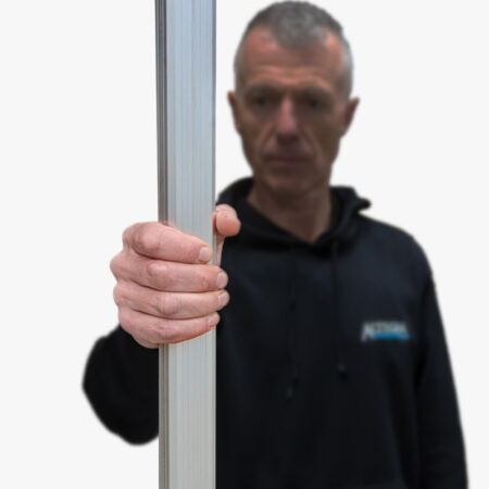 Altegra geo42 hybrid commercial aluminium 3x3 gazebo leg profile image - man holding aluminium leg to show geometric aluminium extrusion size