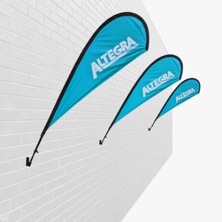 Altegra teardrop banner mounted to a solid wall by our 25 degree wall mount.