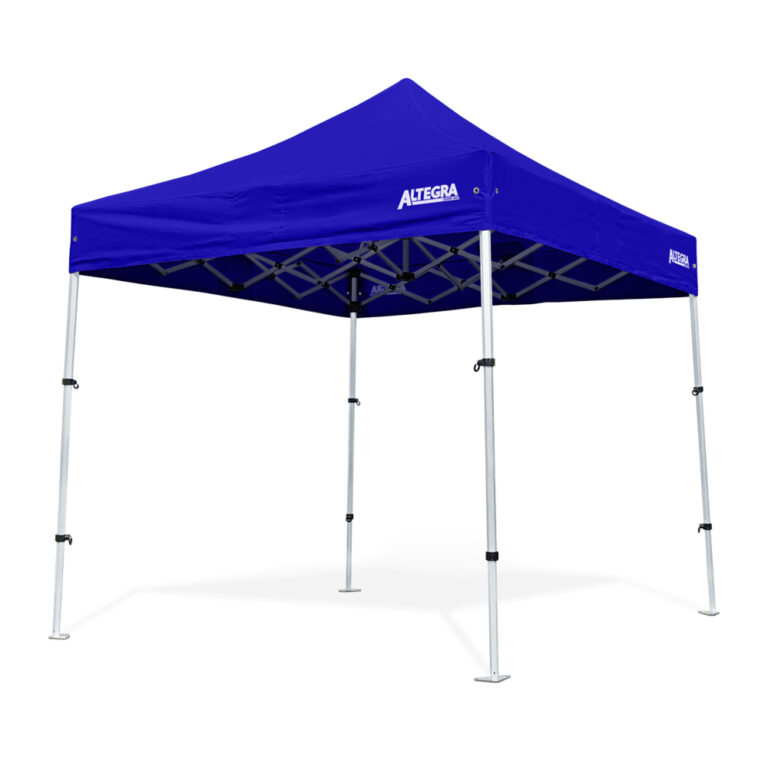 Altegra 2.4x2.4m compact easy up tent - small aluminium gazebo that's designed to be packed into a car boot. Displayed with royal blue canopy.