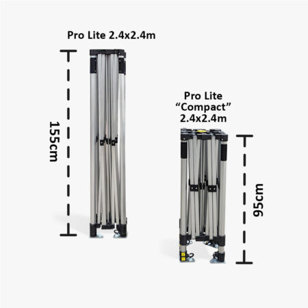 Small Altegra Pro Lite gazebo frame options - the standard 2.4x2.4m easy up folds to 155cm compared with the ultra compact easy up tent, our 2.4m "Compact" frame folding to a tiny 95cm. Perfect to fit in your car boot.