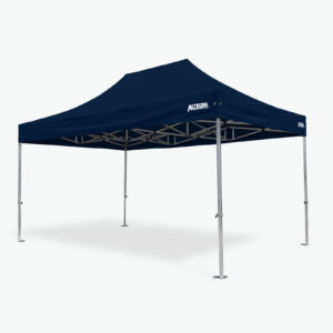 Altegra Geo42 aluminium 3x4.5m popup marquee with navy blue, waterproof canopy.