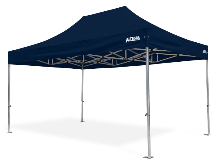 Altegra Geo42 aluminium 3x4.5m popup marquee with navy blue, waterproof canopy.