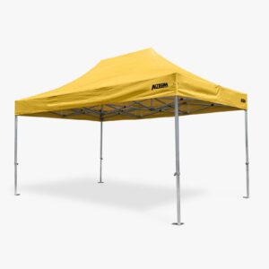 Altegra Geo42 aluminium 3x4.5m popup marquee with yellow, waterproof canopy.