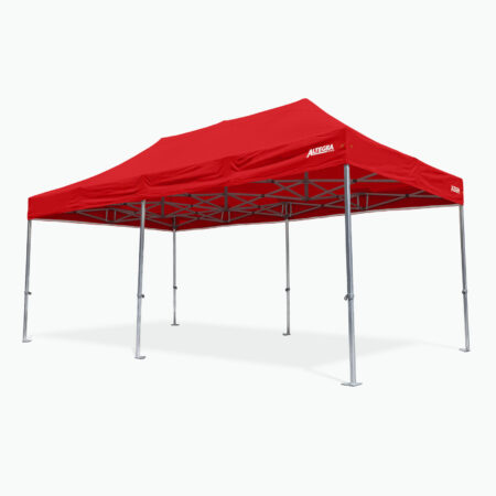 Altegra Geo42 aluminium 3x6m marquee with red, waterproof & UPF50+ canopy.
