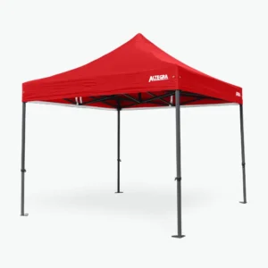 Altegra GRP Super Heavy Duty 3x3m folding marquee in red - with a 400% stronger frame than aluminium, the revolutionary GRP frame is the preeminent 3x3m heavy duty pop up gazebo, including a non-conductive frame that's also cooler to the touch, and is covered with a 100% waterproof, UVE 99% Most Effective canopy for protection from the rain and 99% of harmful UV light from the sun. The best 3x3m gazebo, ever.