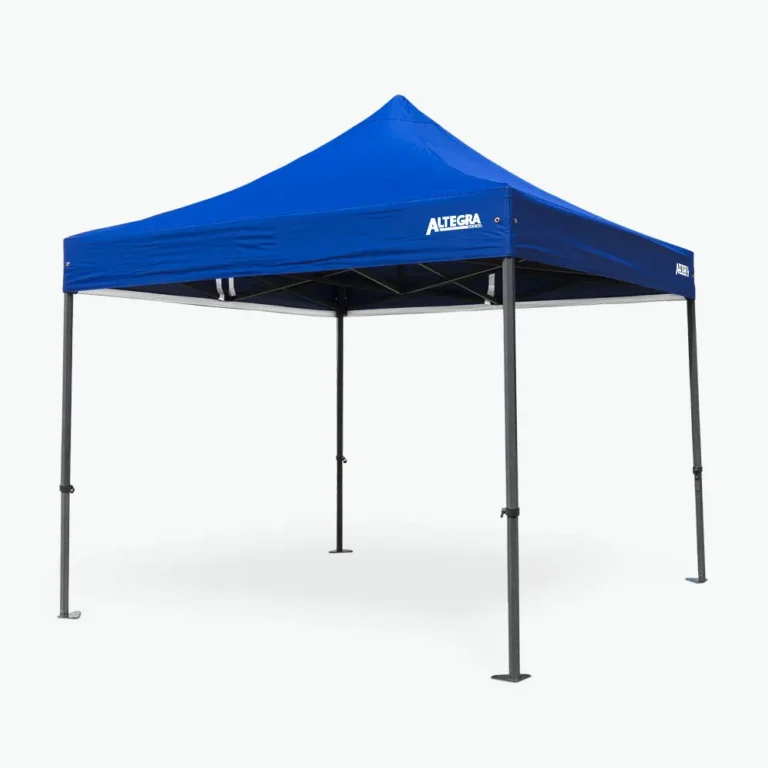 Altegra GRP Super Heavy Duty 3x3m folding marquee in Royal blue - with a 400% stronger frame than aluminium, the revolutionary GRP frame is the preeminent 3x3m heavy duty pop up gazebo, including a non-conductive frame that's also cooler to the touch, and is covered with a 100% waterproof, UVE 99% Most Effective canopy for protection from the rain and 99% of harmful UV light from the sun. The best 3x3m gazebo, ever.
