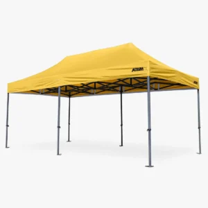 Altegra GRP Super Heavy Duty 3x6m folding marquee with yellow canopy - The innovative super heavy duty GRP composite frame brings a new level of safety and dependability to folding marquees, delivering unmatched strength, reduced heat retention, and is non-conductive, matched by a leading 100% waterproof, UVE 99%+ Most Effective marquee roof provides comprehensive shelter from all conditions.