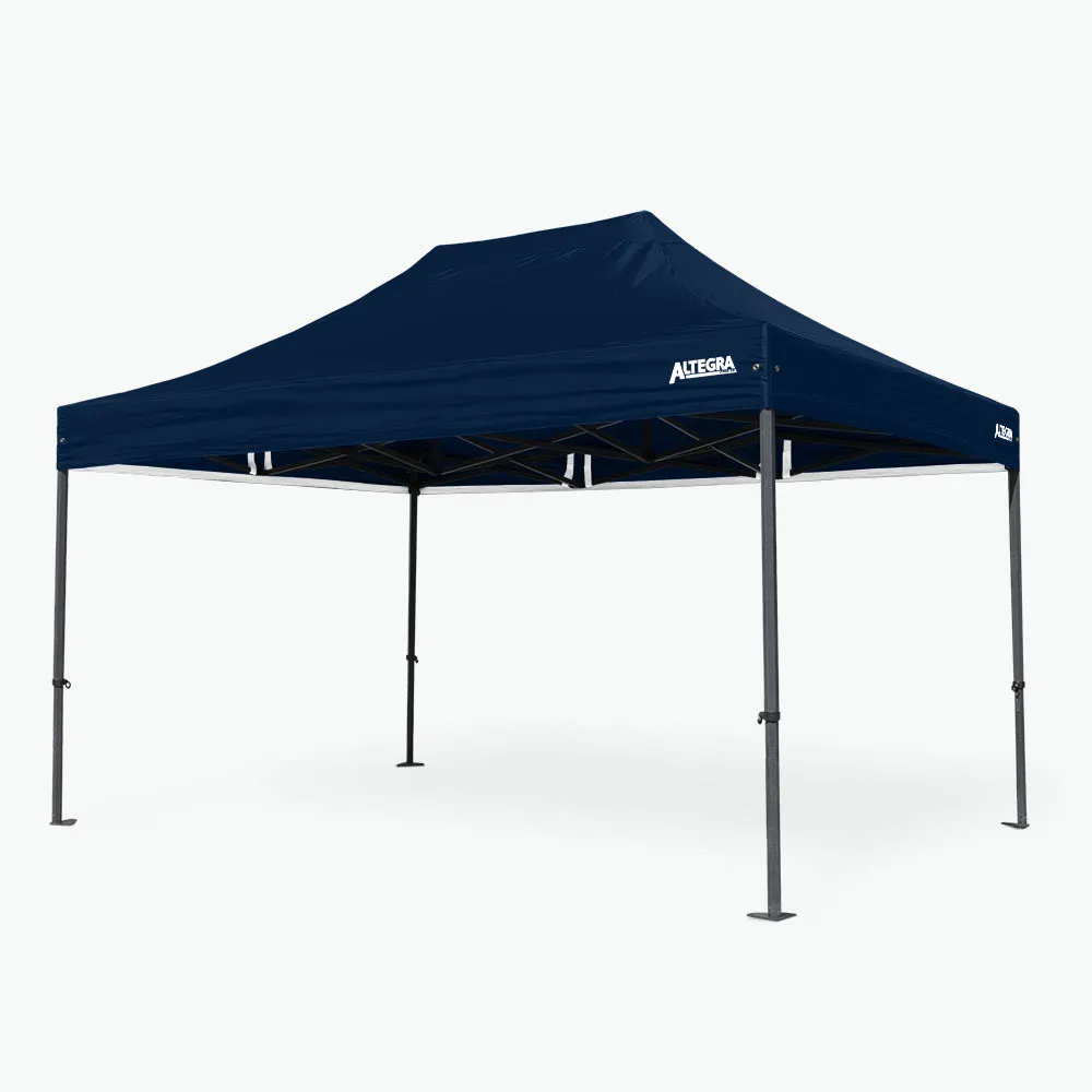 Altegra GRP Super Heavy Duty 3x4.5m gazebo in navy blue - a ground-breaking innovation in the world of gazebos, the dark grey GRP Composite frame is patterned with the fortifying fibre threads, paired with precisely crafted, smooth cast-aluminium joints, delivering the best looking 3x4.5m gazebo frame that's 400% stronger than aluminium and the same weight. Topped by a highly durable canopy that protects with 100% waterproofing and the top UV rating of UVE 99% Most Effective, the Altegra GRP 3x4.5m is the best gazebo available.