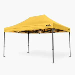 Altegra GRP Super Heavy Duty 3x4.5m gazebo in yellow - a ground-breaking innovation in the world of gazebos, the dark grey GRP Composite frame is patterned with the fortifying fibre threads, paired with precisely crafted, smooth cast-aluminium joints, delivering the best looking 3x4.5m gazebo frame that's 400% stronger than aluminium and the same weight. Topped by a highly durable canopy that protects with 100% waterproofing and the top UV rating of UVE 99% Most Effective, the Altegra GRP 3x4.5m is the best gazebo available.